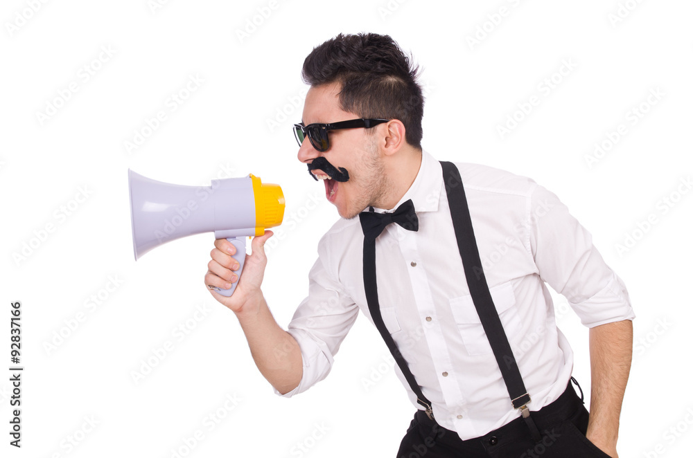 Emotional man with loudspeaker isolated on white Emotional man with loudspeaker isolated on white