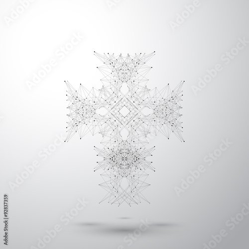 Religious cross on the gray background. Connected lines with