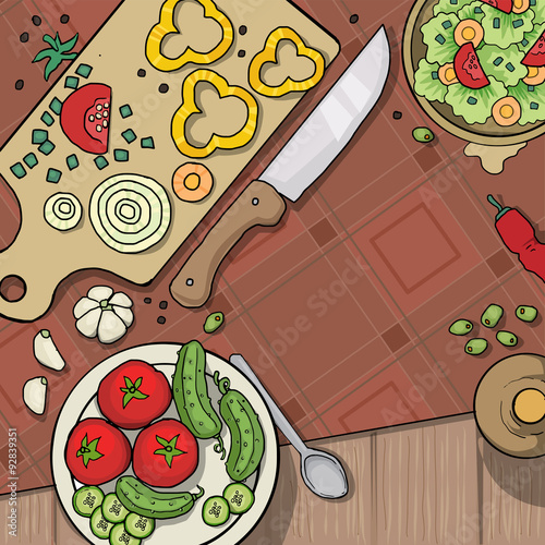 Kitchen table top viewed from the top, with various food items and vegetables, vector illustration