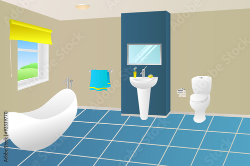 Modern bathroom beige blue yellow bath towel sink toilet window illustration vector