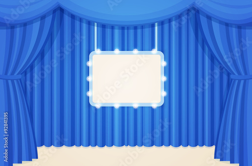 Vintage Stage with Blue Curtains and Retro Light Bulbs Marquee Sign 