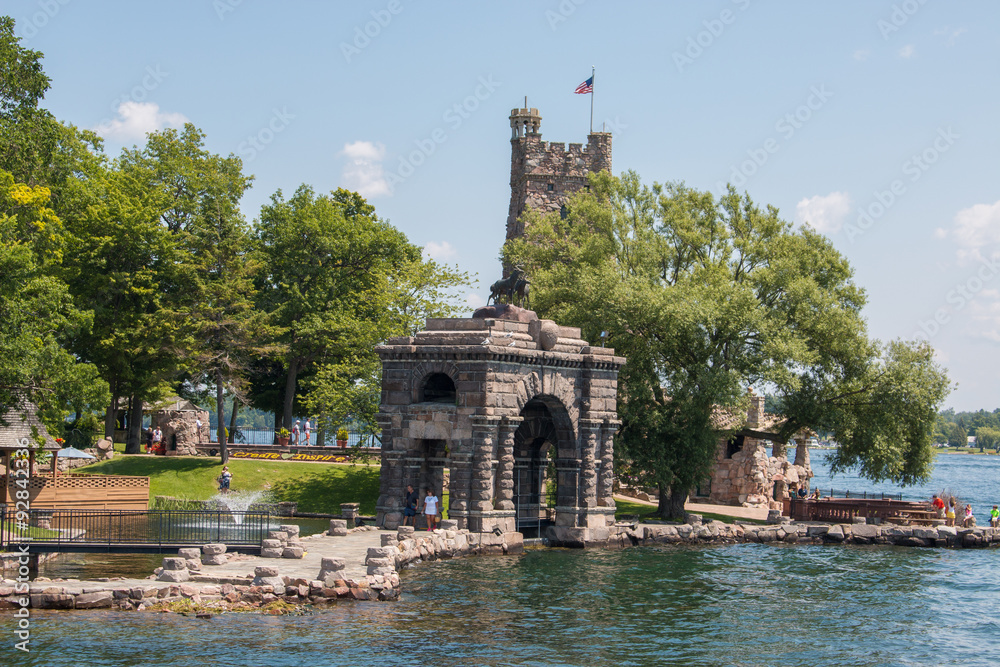 Panoramic View Alster Tower and The Welcome Arch Boldt Castle on Heart Island USA