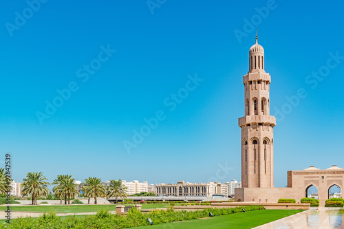 Minaret of the Sultan Qaboos Grand Mosque in Muscat, Oman. Its construction finished in 2001. 