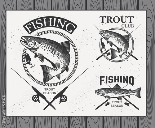 Vintage trout fishing emblems, labels and design elements