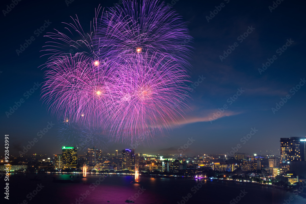 Fireworks over pattaya bay, Thailand