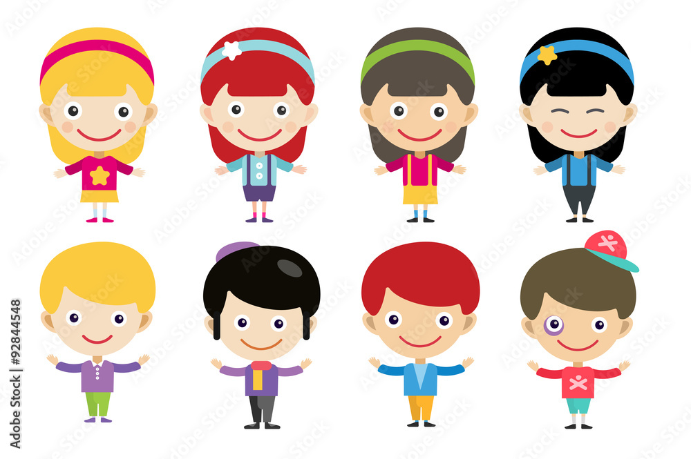 Vector cute cartoon boys and girls together