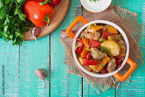 Stewed meat with vegetables.