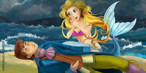 Cartoon mermaid helping prince - illustration for the children