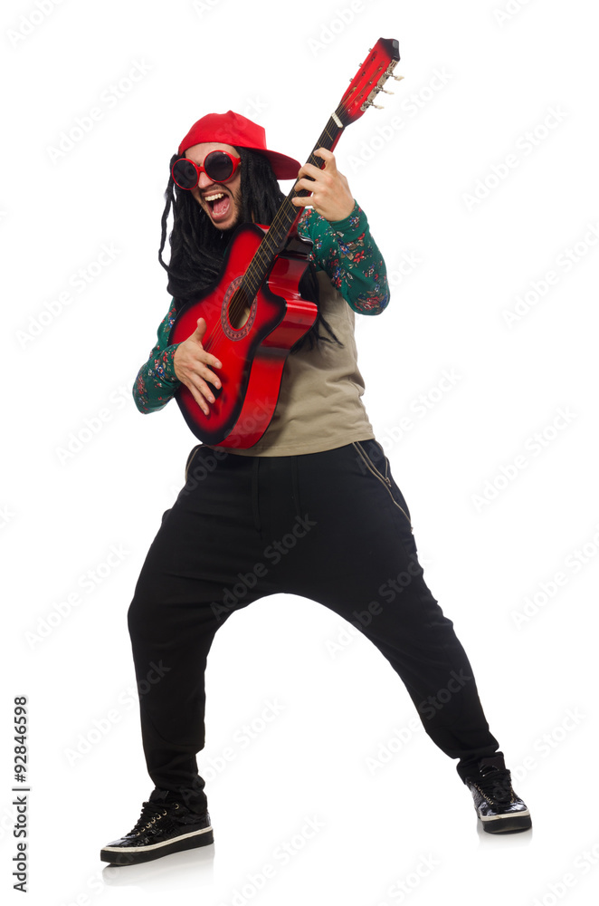 Man with guitar in musical concept on white Man with guitar in musical concept on white