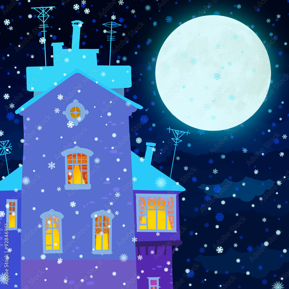 Winter night, square image house and moon in the night sky and s