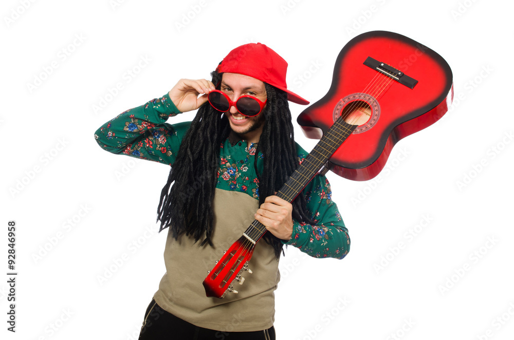 Man with guitar in musical concept on white Man with guitar in musical concept on white