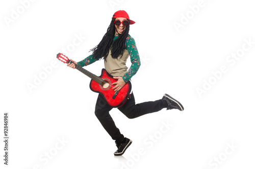 Man with guitar in musical concept on white