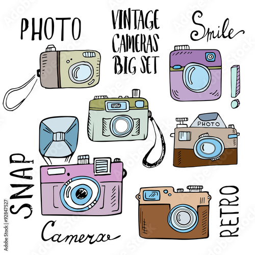 Hand drawn set of retro cameras with lettering