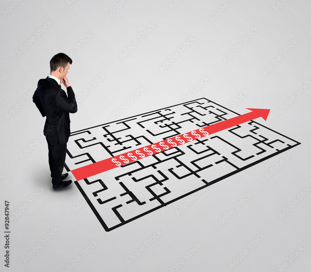 Business man thinking Dollar sign maze Business man thinking Dollar sign maze