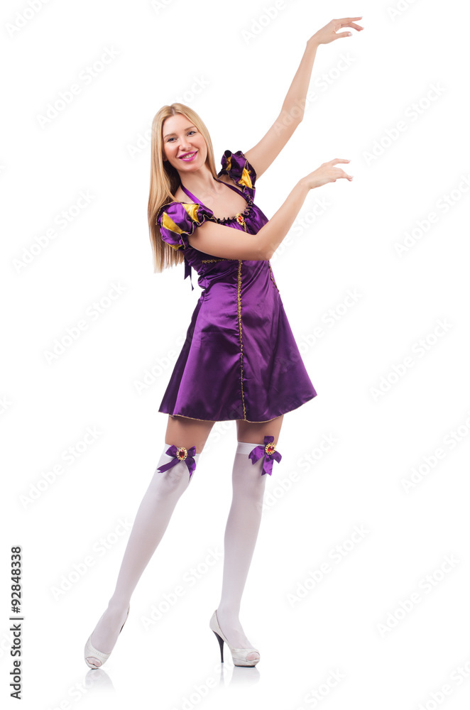 Cute girl in purple masquerade dress isolated on white