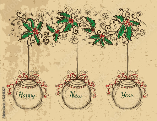 Vintage Christmas card with balls and ilex