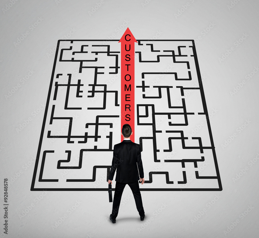 Business man thinking Customers word maze solution Business man thinking Customers word maze solution