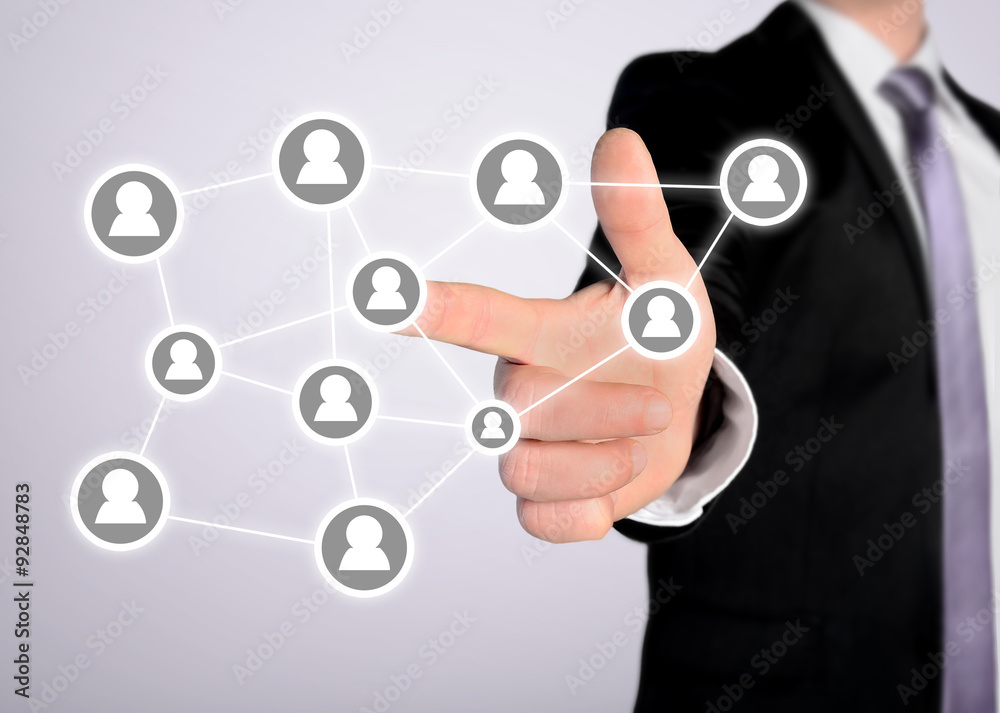 Business man press people button Business man press people button