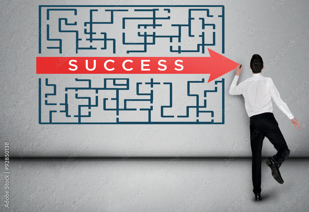 Business man thinking Success word maze Business man thinking Success word maze