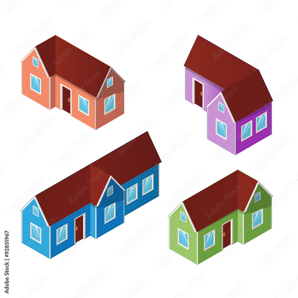 Set of four isometric buildings isolated on a white background.