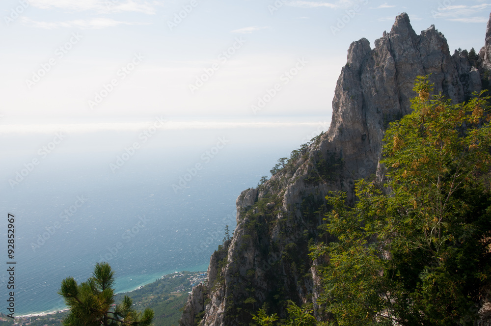 View of crimean coastline and Ai-Petri mountain from its plateau