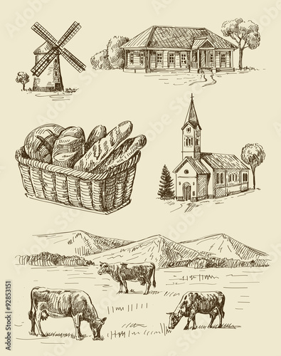 farm and animals hand drawn