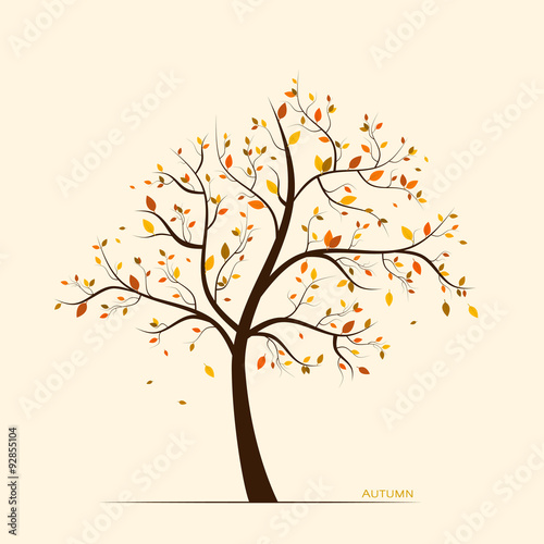 Vector fall, autumn background with colorful leaves on tree 