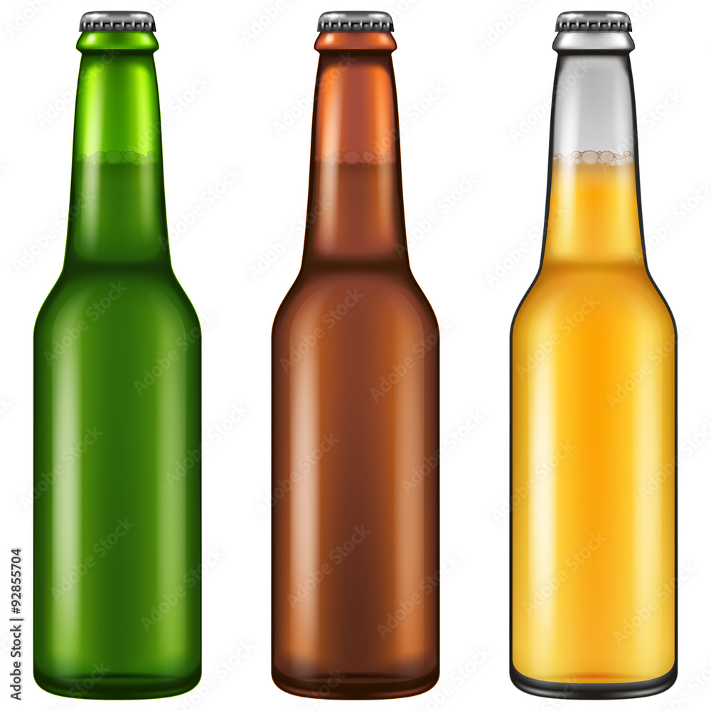 Set of three realistic looking beer bottles. Vector illustration.