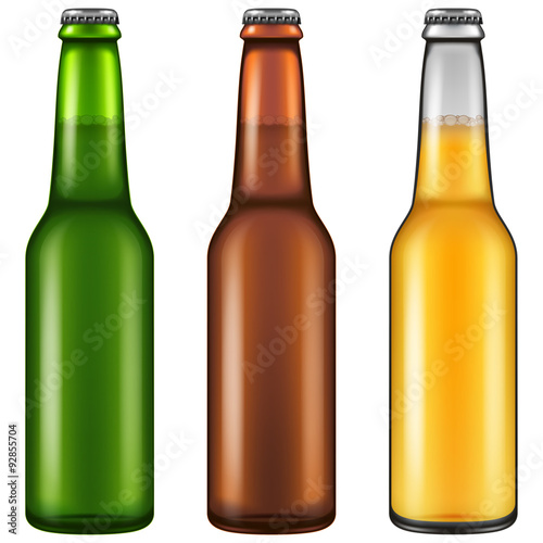 Set of three realistic looking beer bottles. Vector illustration.