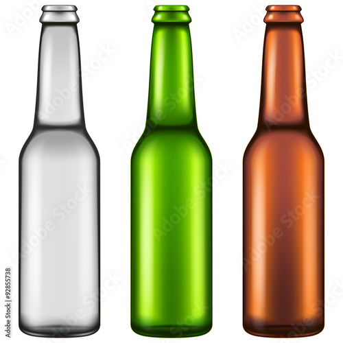Set of three realistic looking empty beer bottles. Vector illustration.