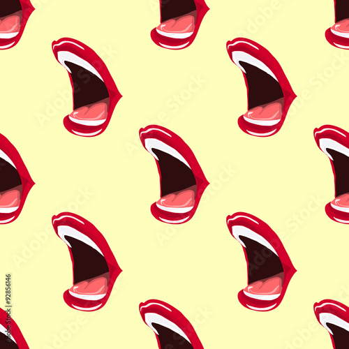 Illustration of open mouth. Painted lips red lipstick. Seamless pattern.