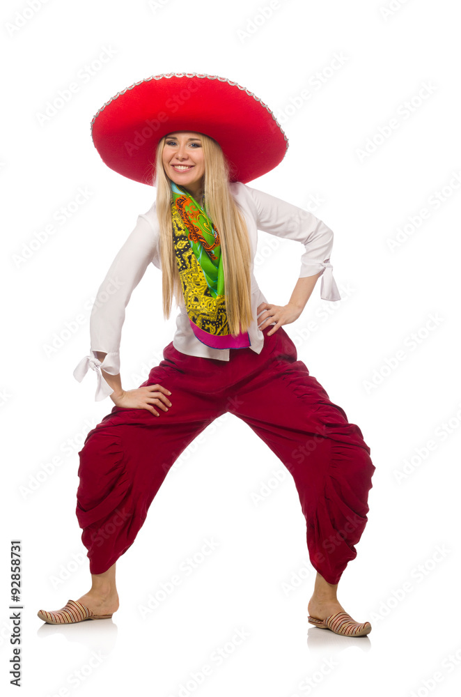 Mexican girl with sombrero dancing on white foto de Stock | Adobe Stock