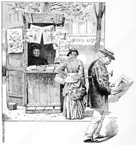 Vászonkép Newspaper seller in a suburb of Paris, vintage engraving.