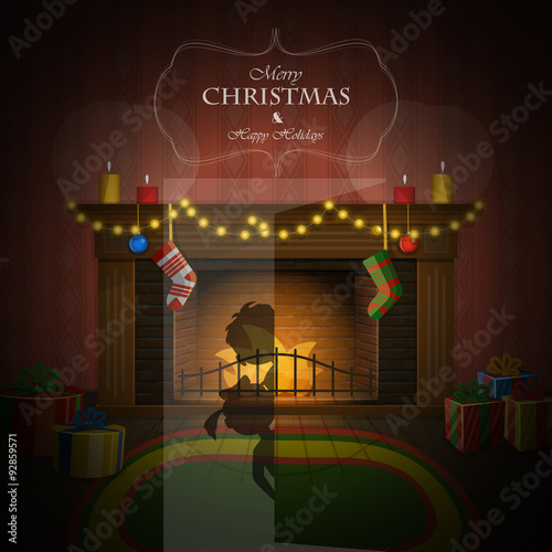 Christmas decorated fireplace vector illustration.