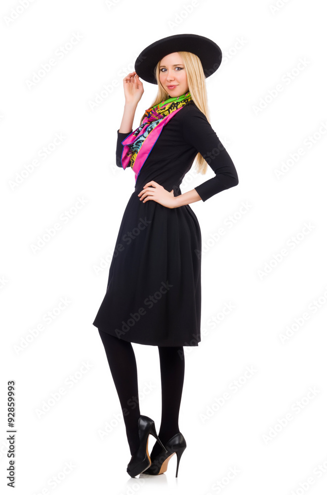 Woman in long black dress isolated on white Woman in long black dress isolated on white