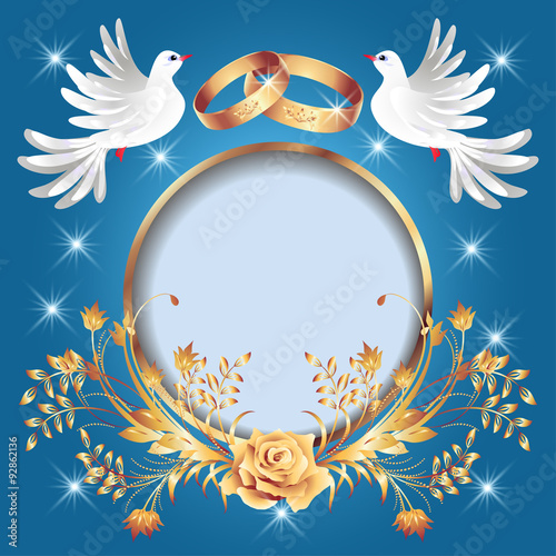 Card with wedding rings, golden frame and two doves