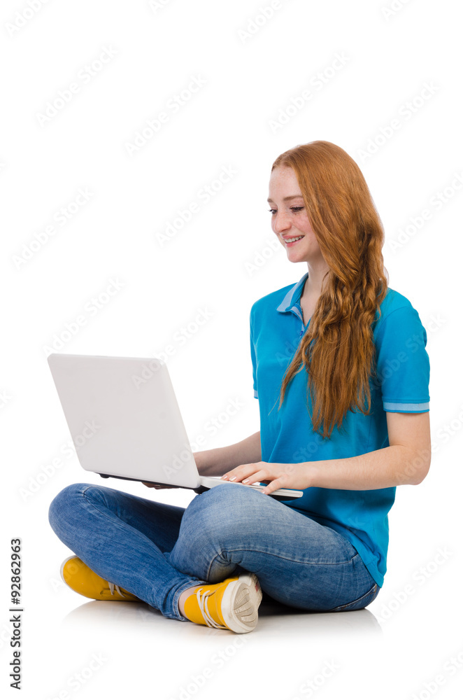 Student with laptop isolated on white
