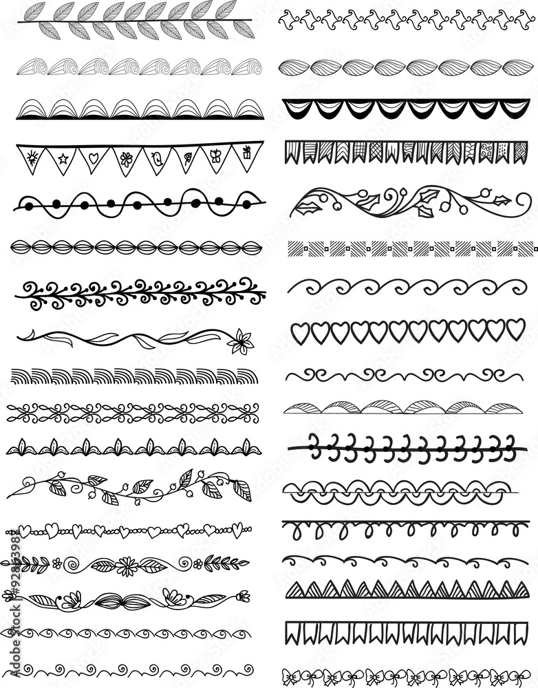 Hand drawn vector line border set. Doodle style brushes.
