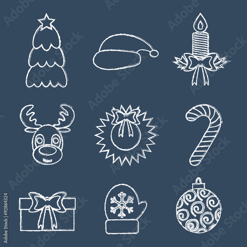 Christmas line icons, written in chalk. Vector