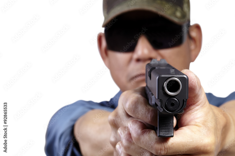 Man Aiming and Shooting Pistol Weapon Front Facing on White Man Aiming and Shooting Pistol Weapon Front Facing on White