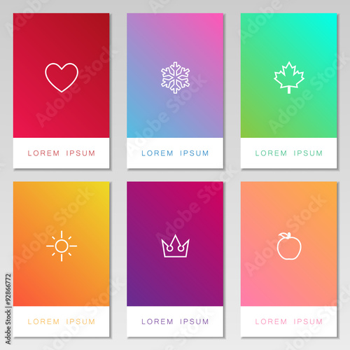 Collection of bright and colorful card set with love, winter, nature, sun, royal and peach symbol. Blur background collection with space for text isolated on gray background.