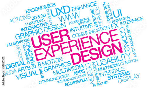 UX Designer User Experience Design words tag cloud blue text UXD Visual Interaction Usability UI User Interface graphic ergonomics information architecture software application development apps photo