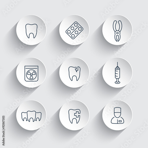 Tooth, dental care, dental pliers, dentist, tooth cavity, line round icons, vector illustration