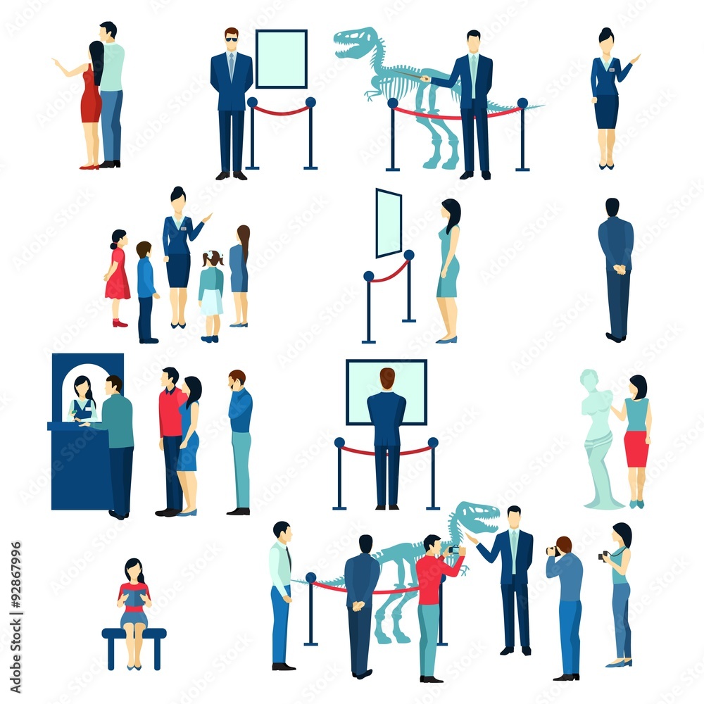 Museum visitors flat icons set Museum visitors flat icons set
