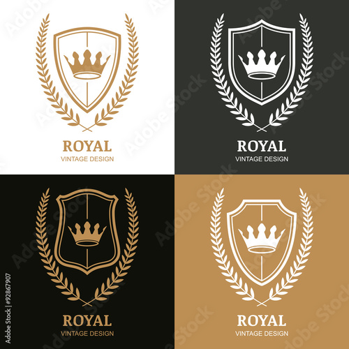 Set of vector vintage logo design template. Crown  shield and la
