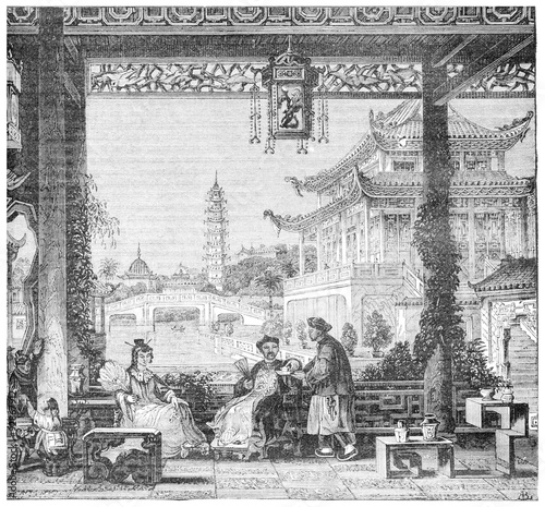 Inside the house of a mandarin, vintage engraving. photo