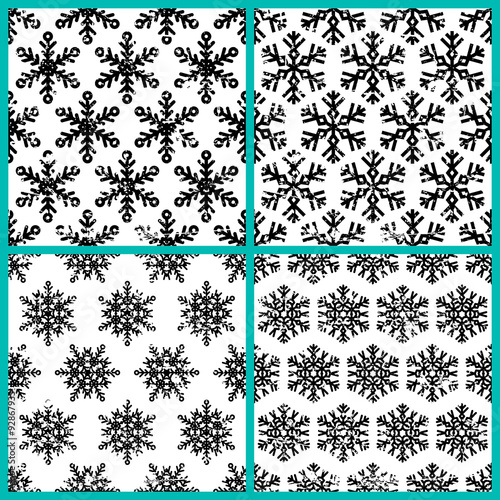 Set of hand drawn vector seamless pattern with black snowflakes