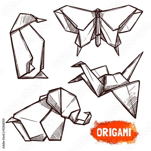 Hand Drawn Origami Figures Set
