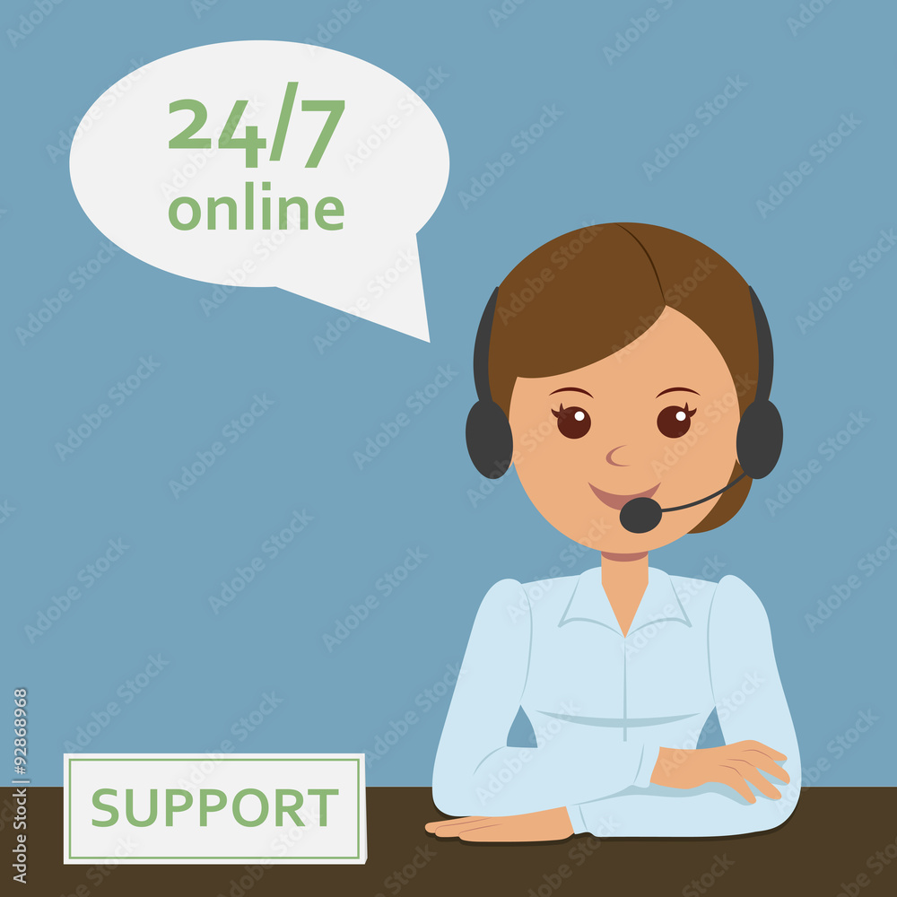 Friendly female operator with a microphone in a call center 