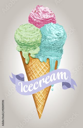 Ice cream balls waffle cone isolated on white. photo-realistic